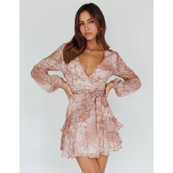 Saint + Secrets Kerry Layered Balloon Sleeve Ruffle Mini Dress Nude Pink Small - Picture 1 of 7